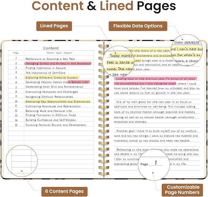 Lined Spiral Journal Notebook for Women, Pretty A5 College Ruled Hardcover Notebook for Work & Note Taking, Cute Aesthetic Journal for Writing, 140 Pages, Leopard