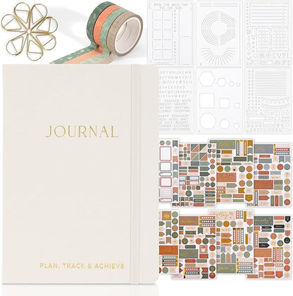 ZICOTO Ultimate All-in-One Journaling Kit - Incl. Journal Notebook With Linen Hardcover and Dotted Pages, Stencils, Stickers, Washi Tapes, Paper Clips and More Bullet Checklist Supplies