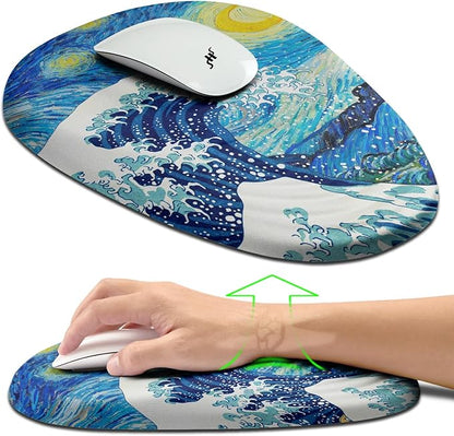 Hokafenle Ergonomic Mouse Pad Wrist Support, Terraced Slope Carpal Tunnel Wrist Pad for Mouse with Unibody Memory Foam, Wrist Rest Pain Relief Mousepad (Starry Night Sea Wave, 11.8x7.9 in)