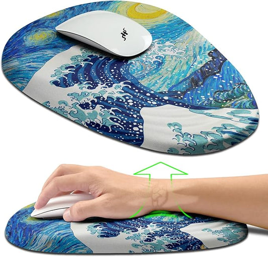 Hokafenle Ergonomic Mouse Pad Wrist Support, Terraced Slope Carpal Tunnel Wrist Pad for Mouse with Unibody Memory Foam, Wrist Rest Pain Relief Mousepad (Starry Night Sea Wave, 11.8x7.9 in)