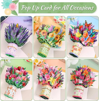 6 Pack Paper Flower Pop Up Cards, Flower Bouquet Card Popup 3D Greeting Cards for Mother's Day, Graduation, Anniversary, Birthday, Congratulations, Get Well, Home Decor, with Envelope and Note