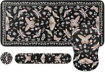 iLeadon Large Mouse Pad and Keyboard Wrist Rest,4in1 Desk Pad Set for Computer Keyboard,Long Floral Mouse Pad XXL+Cup Coaster with Non-Slip Base for Home Office,Black Insect