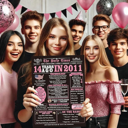 14th Birthday Card Gifts for Girls, Daughter, Niece, Granddaughter, 14th Birthday Decorations for Girls, Large Birthday Card for 14 Year Old, Funny Back in 2011 Birthday Card, Rose Pink Gold