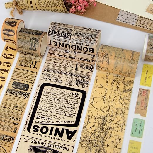 WAPETASHI Vintage Washi Tape Set 157ft Long - Antique Japanese Masking Tapes, Decorative for Scrapbooking Supplies, Bullet Journals, Planners, DIY Crafts, Gift Wrapping - 8 Different Design