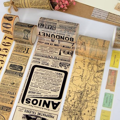 WAPETASHI Vintage Washi Tape Set 157ft Long - Antique Japanese Masking Tapes, Decorative for Scrapbooking Supplies, Bullet Journals, Planners, DIY Crafts, Gift Wrapping - 8 Different Design