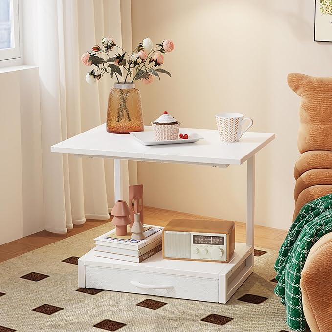 2-Tier Desktop Printer Stand with Fabric Drawer, Prtiner Table with Storage Shelf, Desk Organizer for Home Office,3D Printer,Fax Machine,Scanner, 19.6"x14.9" White