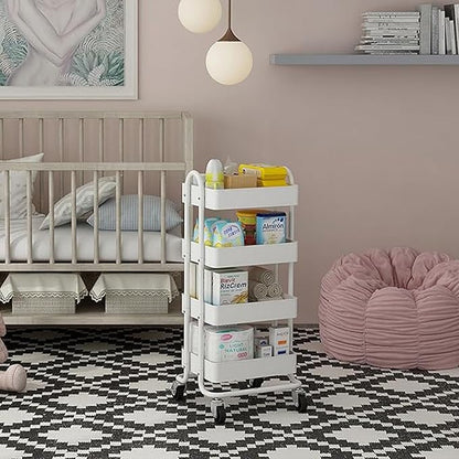 4-Tier White Rolling Cart,Metal Utility Rolling Cart with Handle,Steel Multifunction Rolling Carts with Wheels,Kitchen Storage Carts Suitable for Office,Home,Kitchen,Garden(13.4"x18.1"x40") White