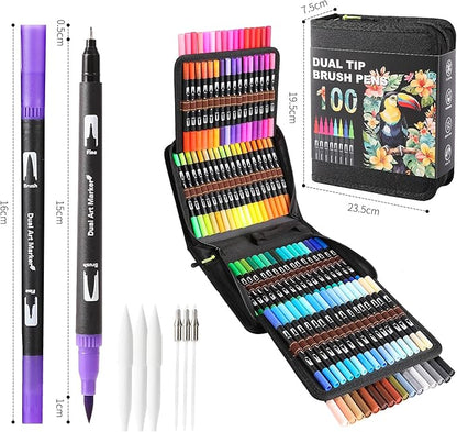 Double Brush Marker Pens, 100 Colors Art Markers Set with Fine Tip and Brush Tip for Kids Adult Coloring Book Hand Lettering Calligraphy Drawing Art Supplies Kit