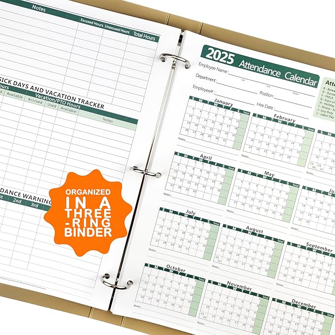 2025 Attendance Calendar (Pack of 25 Sheets) Employee Work Tracker Attendance Calendar Cards - Each sheet 8.5 X 11 100lb CardStock paper Material Make (25 sheets -Green)