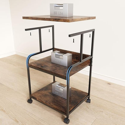 3 Tier Rolling Printer Cart with Wheels, Rustic Brown, Adjustable, Compatible with Printers, Fax Machines, Home Office, Kitchen, Living Room, Bedroom Storage Shelves