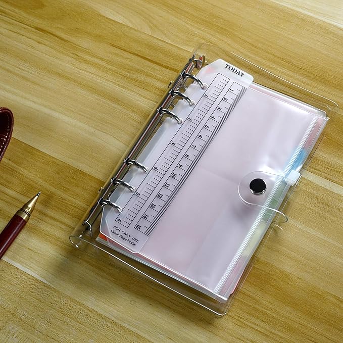 Ancicraft A6 Binder 6 Ring Cover Clean Transparent Soft PVC for Refillable Notebook Shell with Snap Closure and 1 Ruler 4.9x7.7inch