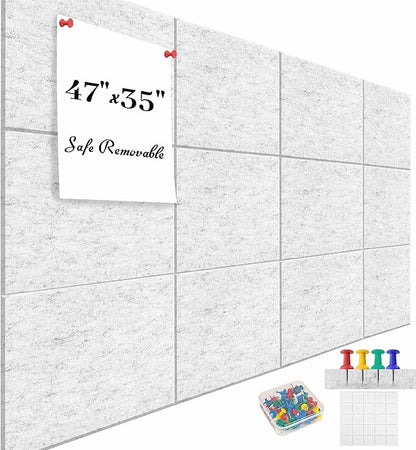 Large Cork Board for Office White Grey Felt Board Alternative-12 Pack Felt Wall Tiles for Office Wall Decor,Felt Bulletin Board Tiles,Push pin Board Wall Organizer for Office