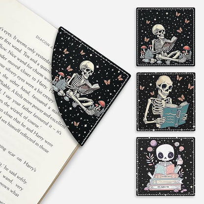 Skeleton Book Corner Bookmarks, Funny Leather Book Accessories for Book Lovers, 3 Pcs Reading Book Page Markers for Women Men Student Teacher Retirement Birthday Gifts