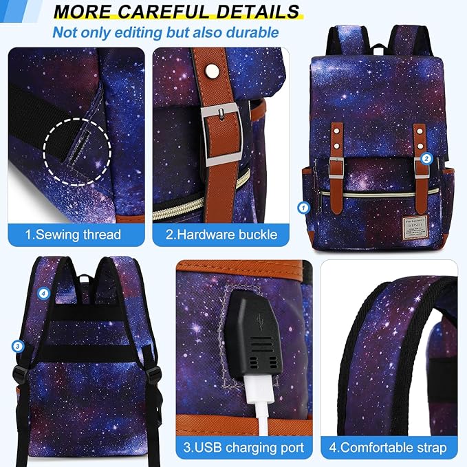 Vintage Travel Laptop Backpack with USB Charging Port, Business Outdoor Sports Bag for Men Women..(Starry Sky)