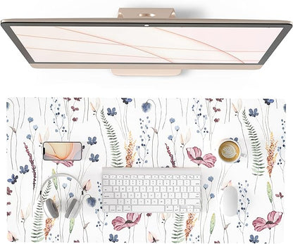 QIYI Large Mouse Pad, Cute Flower Desk Mat for Desktop, Women Girls Floral Office Décor Desk Accessories, PU Leather Waterproof Big Gaming Mousepad, Wildflowers Desk Pad Computer Mat, 31.5" x 15.7"