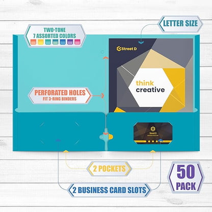 2 Pocket Folders, Assorted 7 Vibrant Colors with Complementing Interior Colors, Fits Letter Size Paper, for School, Office, Home (3 Hole Punched, 50)