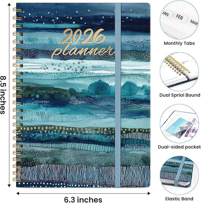 2026 Planner, Weekly and Monthly Planner for Women, January 2026 to December 2026, Pretty Hardcover 2026 Calendar Planner Book with Tabs, Inner Pocket, Spiral Bound, Perfect Office Home School Supplies - 6.3" x 8.5", Azure Drift