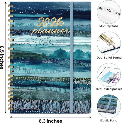 2026 Planner, Weekly and Monthly Planner for Women, January 2026 to December 2026, Pretty Hardcover 2026 Calendar Planner Book with Tabs, Inner Pocket, Spiral Bound, Perfect Office Home School Supplies - 6.3" x 8.5", Azure Drift