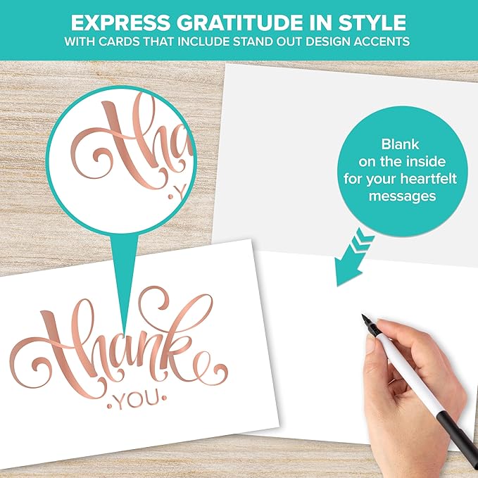 Decorably 24 Pack Gold-Foiled 6x4in Rose Gold Thank You Cards with Envelopes and Stickers, 6 Elegant Designs Pink Thank You Cards, Blank Inside - Bridal Shower, Baby Shower