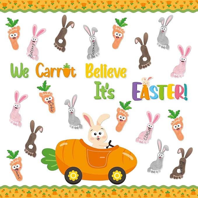 B1ykin 88Pcs Easter Footprint Carrot Bunny Bulletin Board Decoration, We Carrot Believe It’s Easter Cutout with Border Trim, Carrot Car Rabbit Footprints Supply for Kindergarten Preschool Chalkboard
