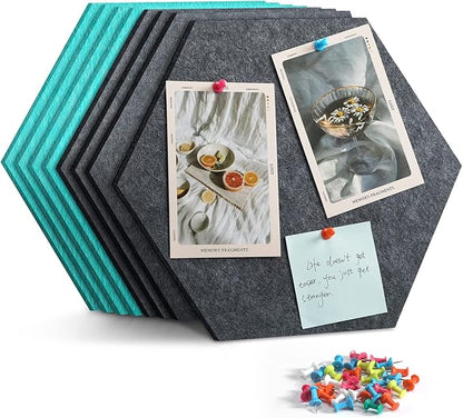 12" Large Bulletin Board with 30 Push Pins, Pack of 8 Hexagon Felt Pin Board Notice Boards for Home Office, Felt Wall Tiles for Photos Memos
