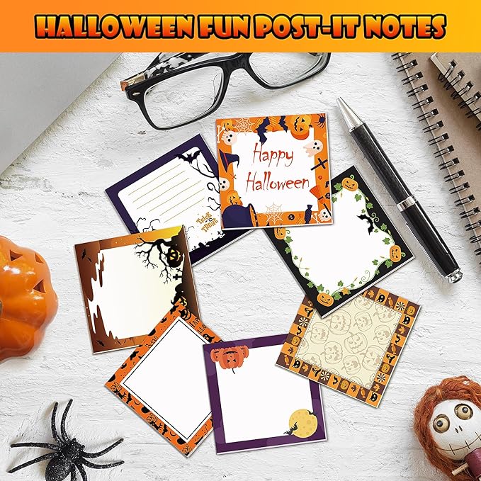 16 Pieces Halloween Sticky Note Self-Adhesive Halloween Note Pads with Spider Pumpkin Bat Eyeball Halloween Memo Notes for Halloween School Office Home Students Teachers Presents 30 Sheets Each