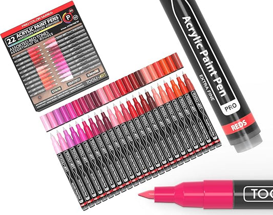 Acrylic Paint Pens 22 Red & Pink Tones Assorted Pro Color Series Markers Set 0.7mm Extra Fine Tip for Rock Painting, Glass, Mugs, Wood, Metal, Canvas, Projects, Non Toxic, Waterbased, Quick Drying