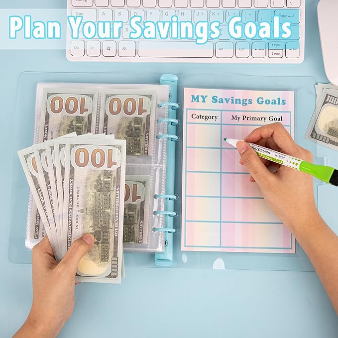 HAUTOCO 100 Envelopes Money Saving Challenge A5 Binder, Savings Challenges Book to Save $5,050, $500, $10,000, Budget Binder with Cash Envelopes, PVC Money Saving Binder with Challenge Trackers, Blue