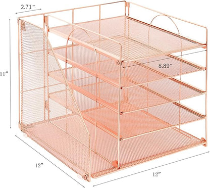 Desk Organizers and Accessories, 5-Tier Paper Letter Tray Organizer with File Holder, Desktop Organizer for Office Supplies, Office Desk Accessories & Workspace (Rose Gold)