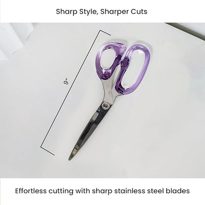OfficeGoods 9” Stainless Steel Acrylic Scissors for Office and Home - Aesthetic and Sharp All Purpose Scissors, Perfect for Sewing, Arts and Crafts - Purple Silver Metal