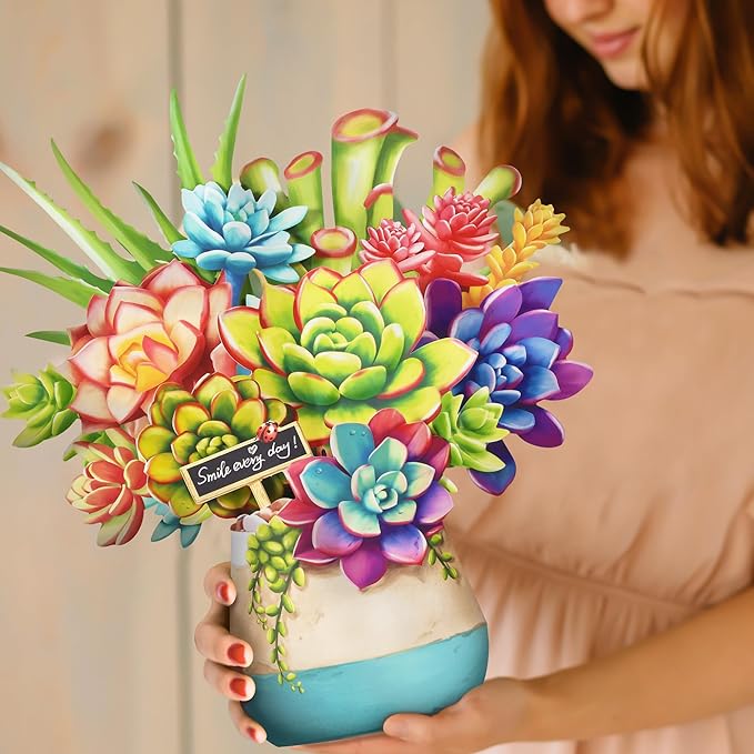 Pop Up Flowers Cards, Paper Flowers Bouquet 3D Popup Greeting Cards with Blank Note Card and Envelope for Birthday, Easter Cards, Anniversary, for Women Lover,12'' Succulent Planters