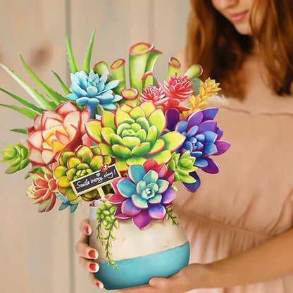 Pop Up Flowers Cards, Paper Flowers Bouquet 3D Popup Greeting Cards with Blank Note Card and Envelope for Birthday, Easter Cards, Anniversary, for Women Lover,12'' Succulent Planters