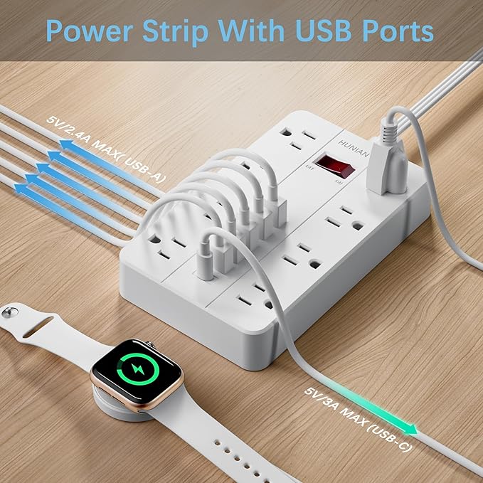 Extension Cord Power Strip Surge Protector 15 Ft, HUNIAN Flat Plug with 8 Widely Spaced Outlets 6 USB (1 USB C Port), Wall Mount Charging Station for Home and Office
