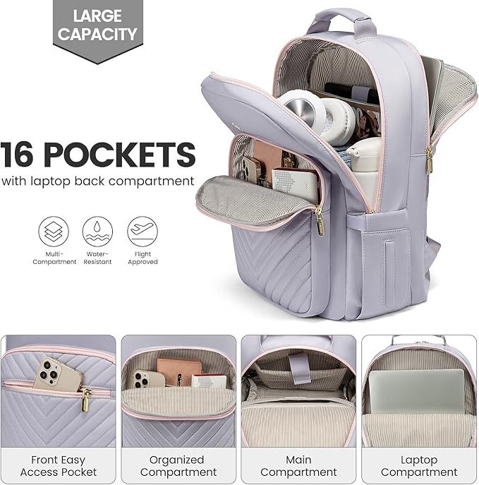 LOVEVOOK Laptop Backpack for Women 15.6 inch,Cute Travel Carry on Backpack Purse,Professional Computer Bag,Waterproof Work Business College Teacher Bag with USB Port,Grey Pink