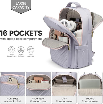 LOVEVOOK Laptop Backpack for Women 15.6 inch,Cute Travel Carry on Backpack Purse,Professional Computer Bag,Waterproof Work Business College Teacher Bag with USB Port,Grey Pink