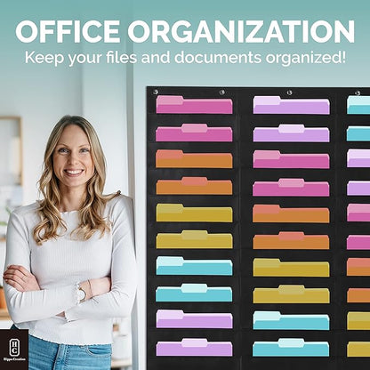 Black Pocket Chart for Classroom - 30 Pocket Storage Rainbow Pocket Charts , 5 Over Door Hangers Included, Hanging Wall File Organizer for File Folders, School Mailbox, Home/Office Papers