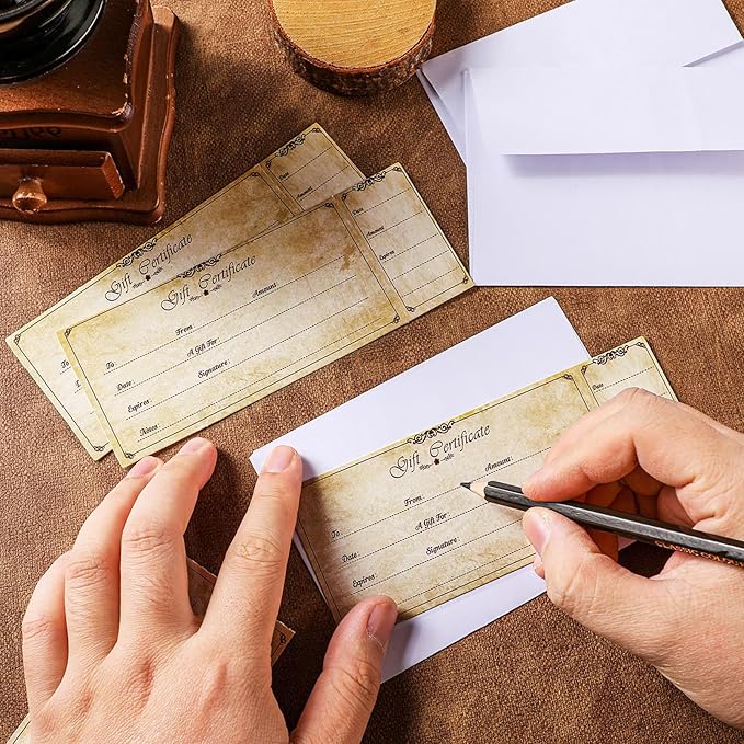 Sinmoe 50 Sets Gift Certificate for Business with 50 Pcs Envelopes Blank Gift Certificate Cards with Name and Address Rustic for Beauty Salon Restaurants Birthday(5.91 x 3.94 Inch, Vintage Style)