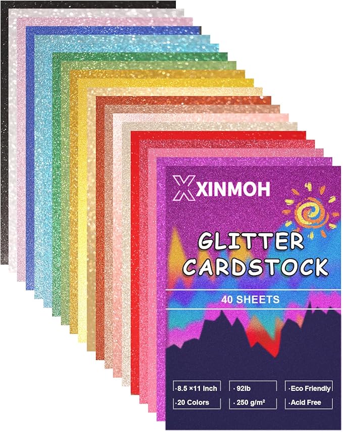 40 Sheets Glitter Cardstock, 20 Colors Premium Cardstock for Cricut, Crafts and DIY Projects, 8.5x11in Glitter Paper for Card Making (250 GSM)