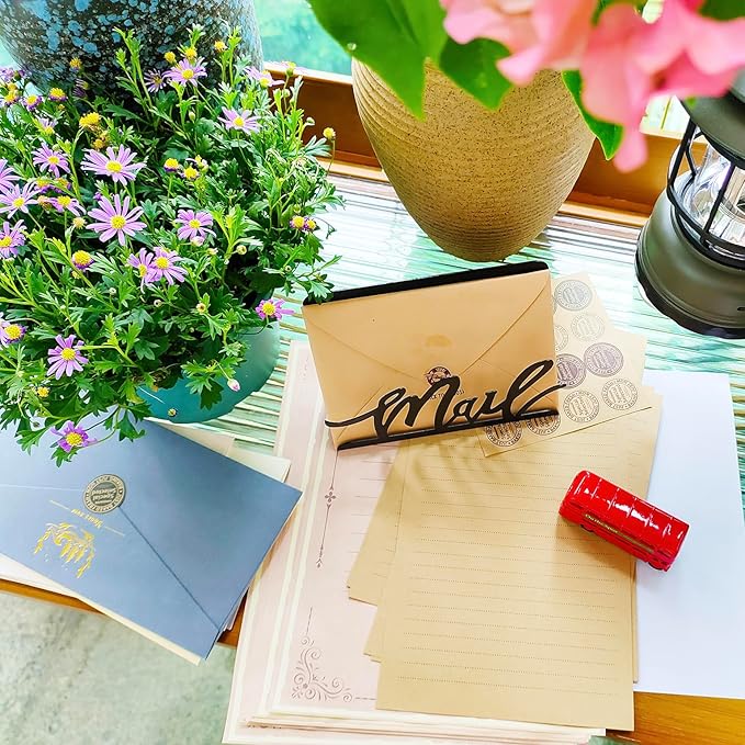 Black Metal Mail Holder, Countertop Letter Organizer with Letter Opener, Office Desktop Envelope Rack, Tabletop Document Stand (Art)