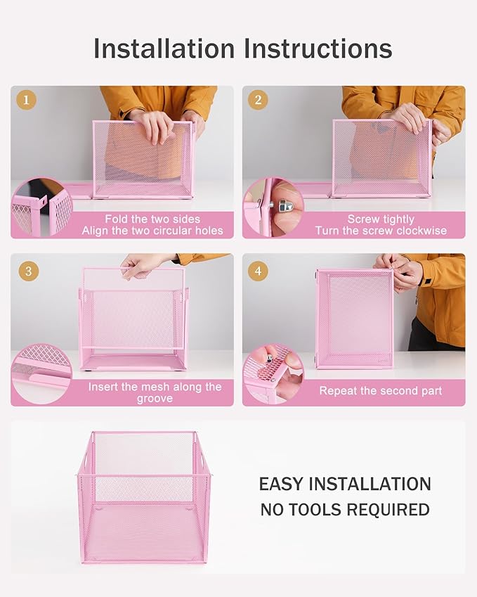 Oterri Hanging File Organizer, Metal File Organizer, Portable Desktop File Organizer for Letter Size Folder, Mesh Hanging File Crate for Office,Folders Not Included(Fairy Pink-Large,1 Pack)