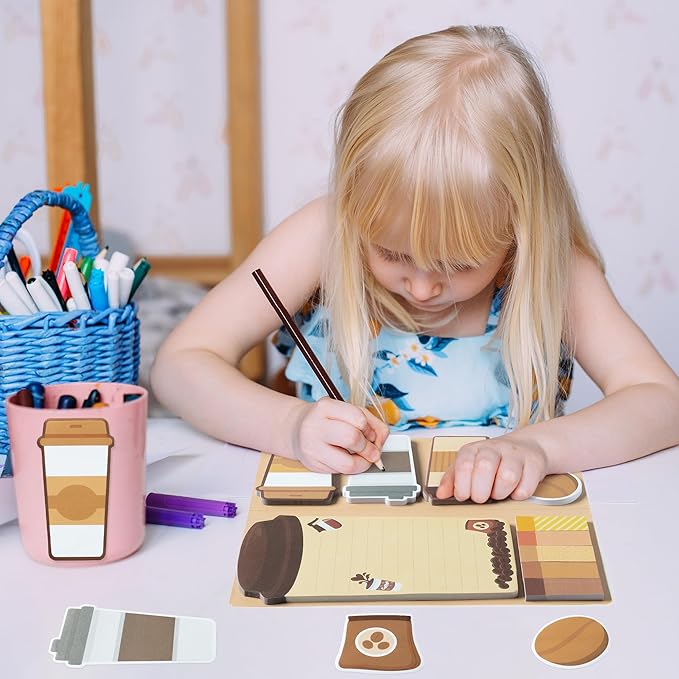 B1ykin Sticky Notes Set - Cartoon Theme Cute Self-Stick Notes Pad Teacher Appreciation Gifts， Self-Adhesive Writing Memo Pages Sticky to Do Notepad for Kids Employee School Office (Coffee)