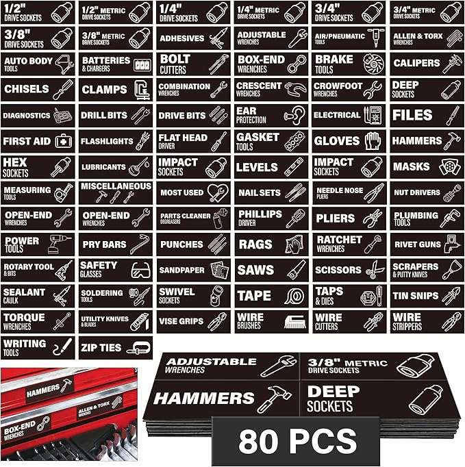 Toolbox Organization Magnetic Labels 80 Pcs, Tool Organizer Icon Labels with Strong Magnets, Toolbox Widget Stickers Accessories, Fits All Brands of Steel Tool Chest Organizer, 3" x 1"