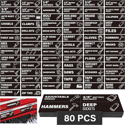 Toolbox Organization Magnetic Labels 80 Pcs, Tool Organizer Icon Labels with Strong Magnets, Toolbox Widget Stickers Accessories, Fits All Brands of Steel Tool Chest Organizer, 3" x 1"