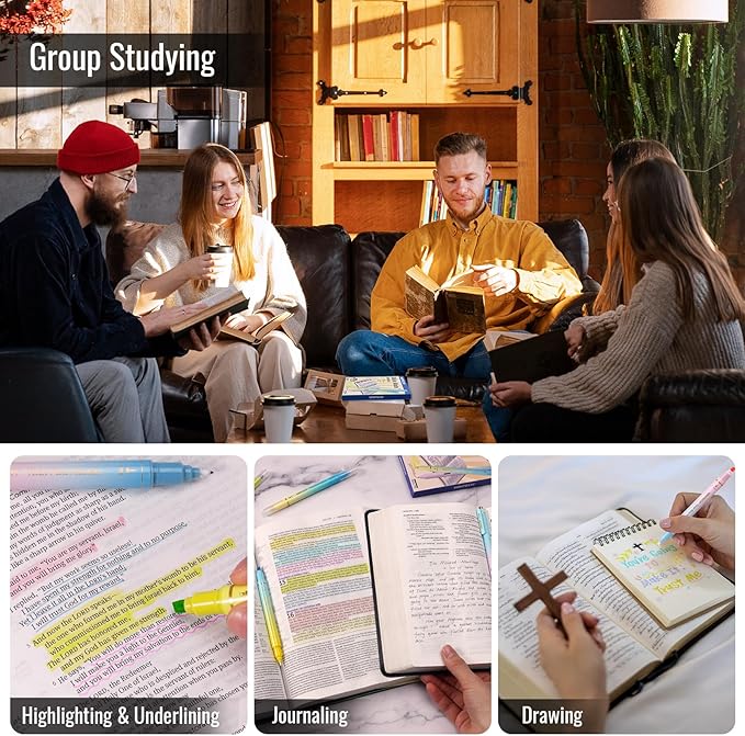 WRITECH Bible Mate Journaling Set: No Bleed Aesthetic Highlighters & 1.0 mm Black Ballpoint Pens, Bible Safe Dual Tip Highlighters, Pastel Colors, Fast-drying Ink, Bible Journaling Kit, 9ct