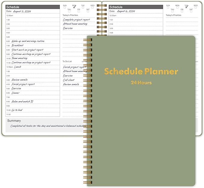 Daily Planner 24 Hourly Schedule from 12am - 12pm, Undated Hourly Planner with To-Do List, Priorites, 7" x 10", Organize Your Tasks and Appointments for Office, School, and Home - Green