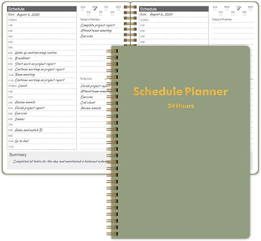 Daily Planner 24 Hourly Schedule from 12am - 12pm, Undated Hourly Planner with To-Do List, Priorites, 7" x 10", Organize Your Tasks and Appointments for Office, School, and Home - Green