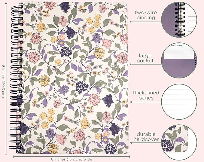 Steel Mill & Co Cute Floral Mini Spiral Notebook, 8.25" x 6.25" Journal with Durable Hardcover and 160 Lined Pages, Purple Vine Ditsy