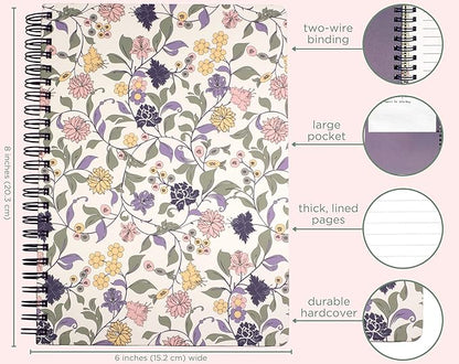 Steel Mill & Co Cute Floral Mini Spiral Notebook, 8.25" x 6.25" Journal with Durable Hardcover and 160 Lined Pages, Purple Vine Ditsy