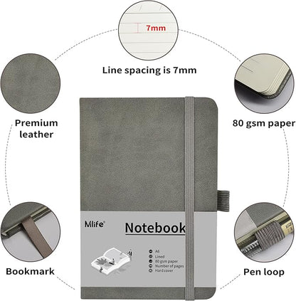 A6 Small Journal Notebook, Lined Pocket Notebook with Pen Holder, Mini Notebook Hardcover, 192 Pages, 3.9 inches * 5.5 inches Jurnal for Women and Man (Grey)