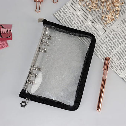 Multibey A5 Binder Cover Clear Soft PVC 6-Ring Binder Budget Evelopes System with Zipper Planner Organizer Refillable Notebook Journal Binder (Black, A6)